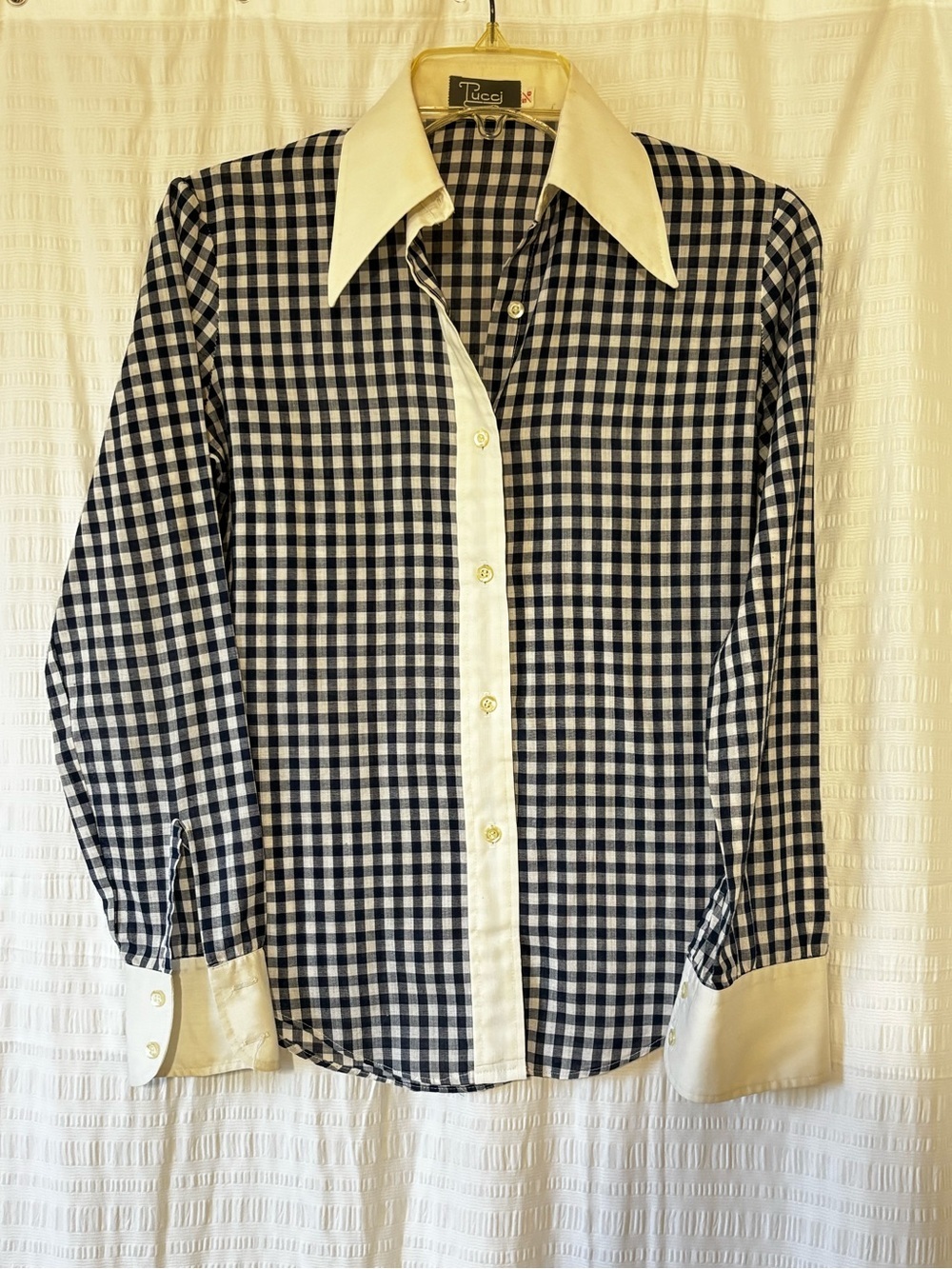 VINTAGE Gingham Blue & White Top Collared Blue & White Sz Small